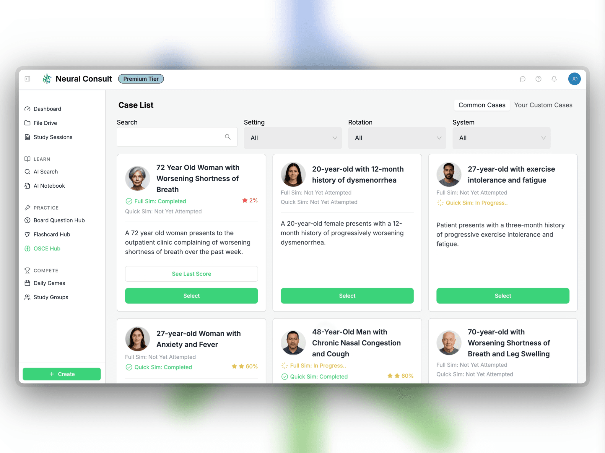 Step 1: Choose a patient from our bank of 100+ MD-created OSCE case scenarios or create your own from your files!