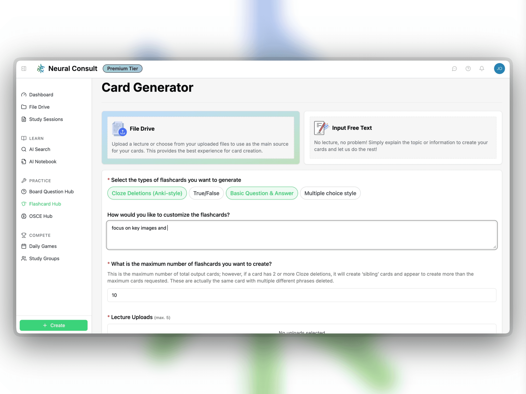 Step 1: Input text or upload files to base your flashcards on