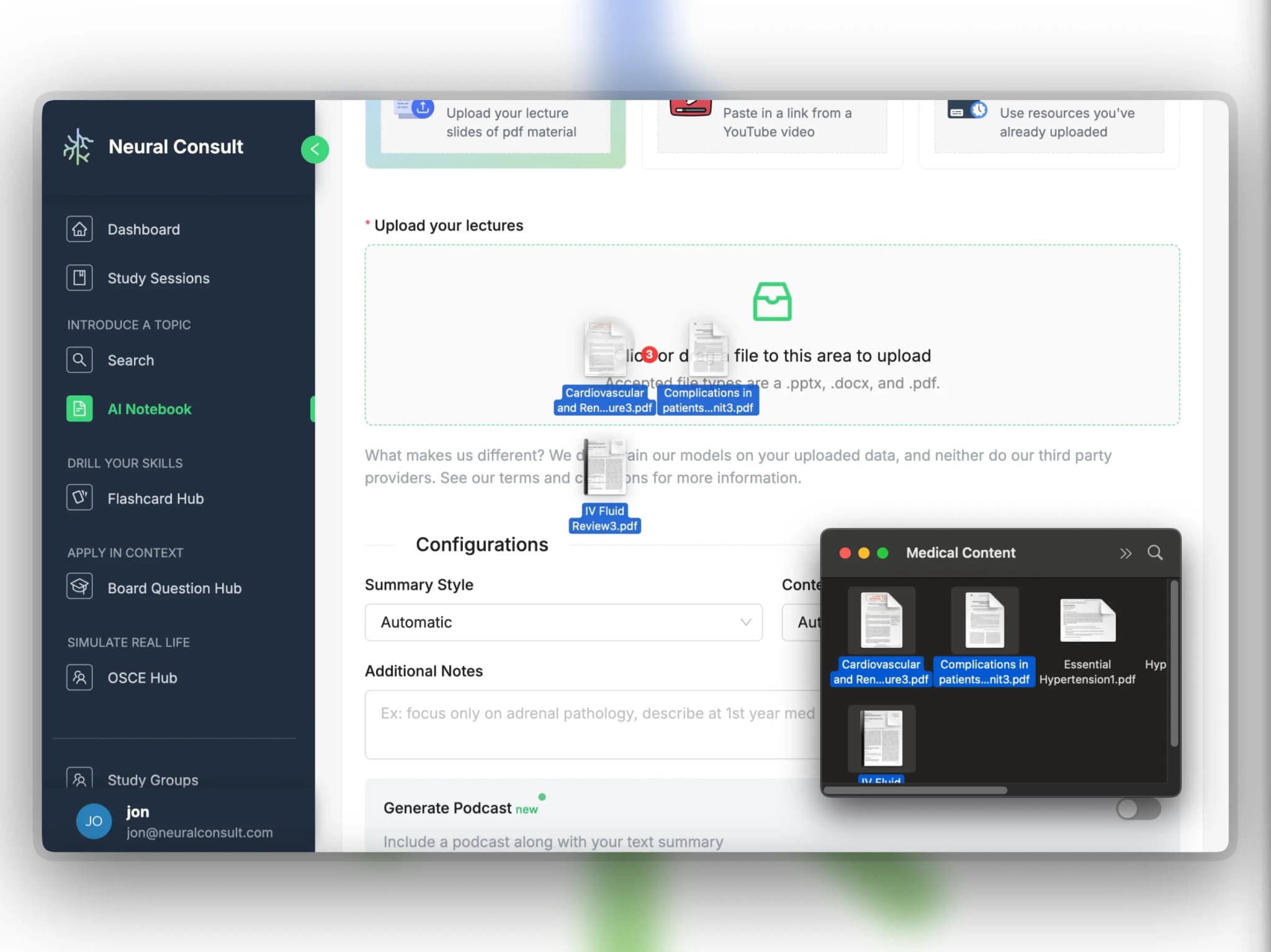 Step 1: Upload up to 10 files at once to generate editable summaries and podcasts.
