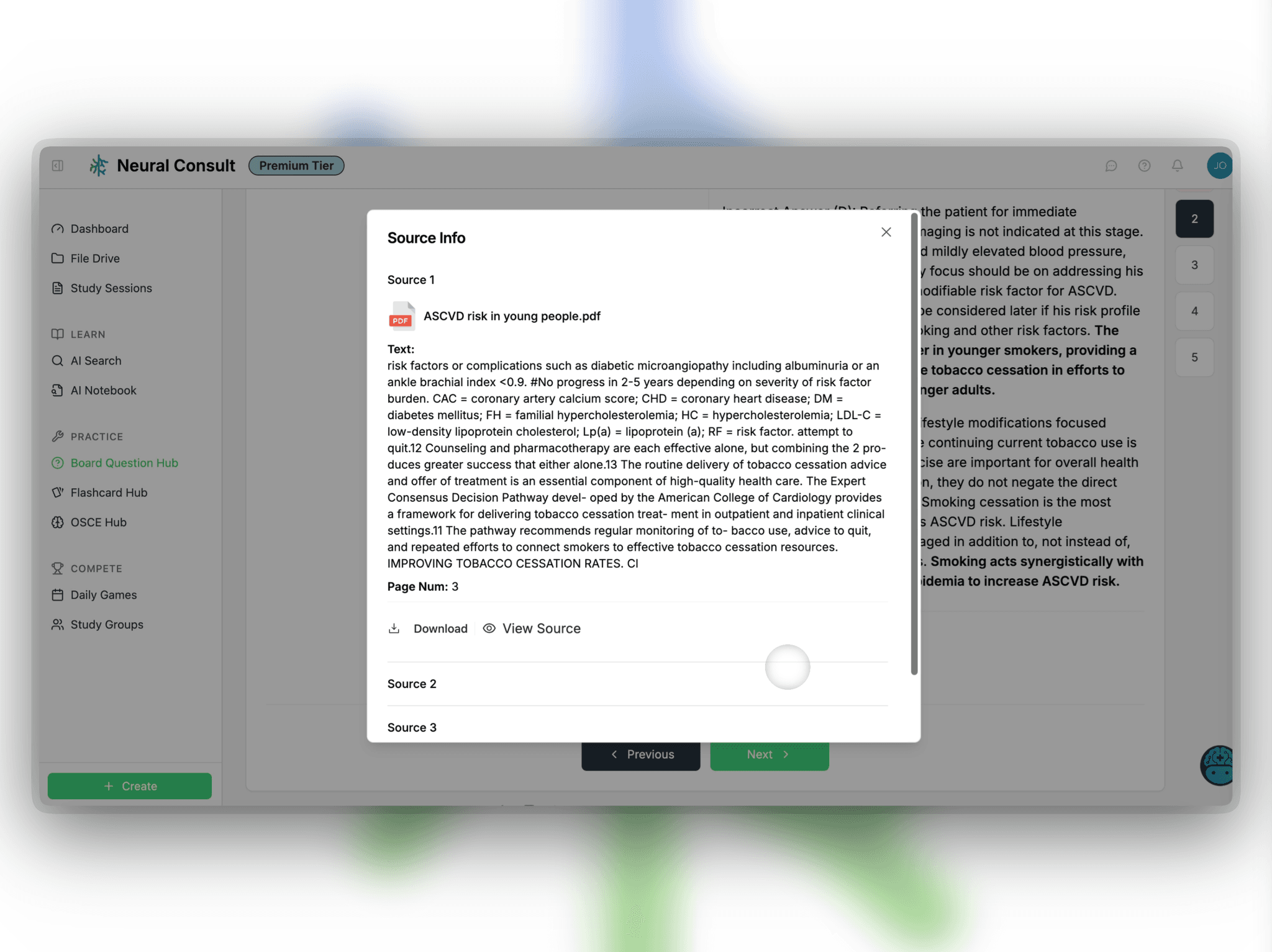 Step 4: View your uploaded sources and exact excerpts that the AI medical questions are being created from to correlate and confirm any key information