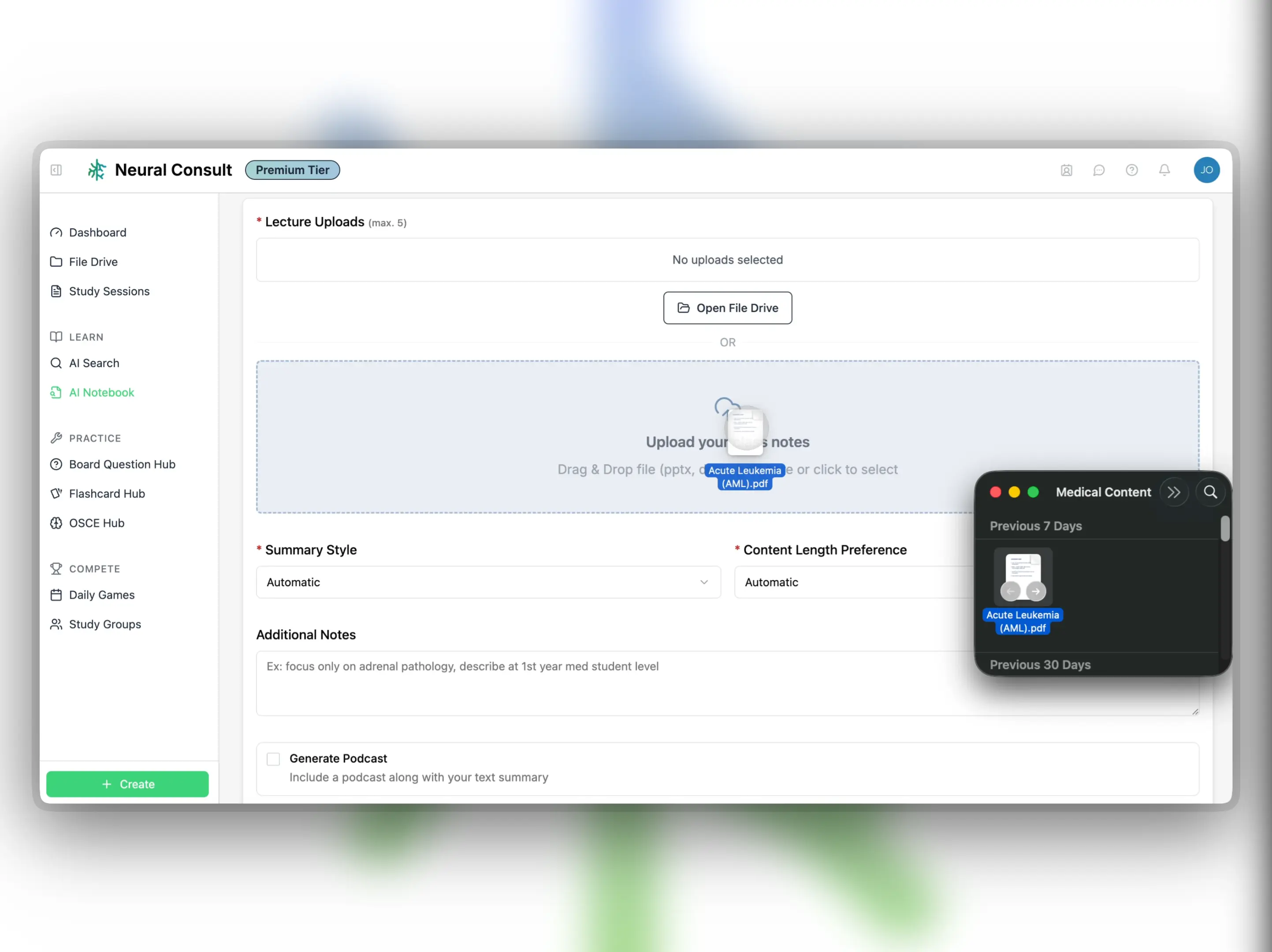 Step 1: Upload up to 10 files at once to generate editable summaries and podcasts.